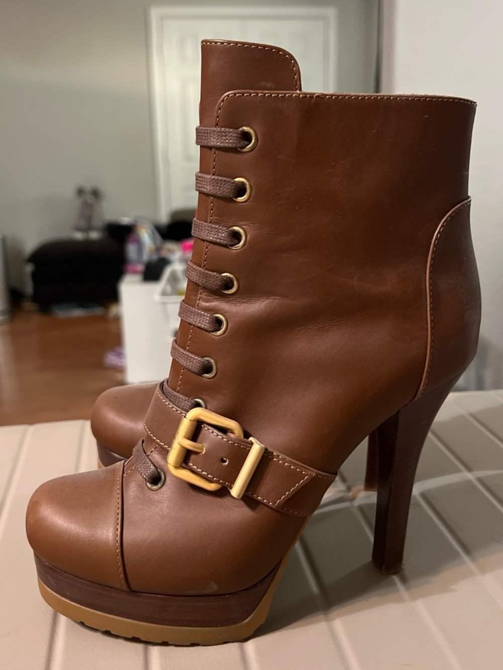 Fendi Brown Lace-Up Platform Ankle Boots with Buckle